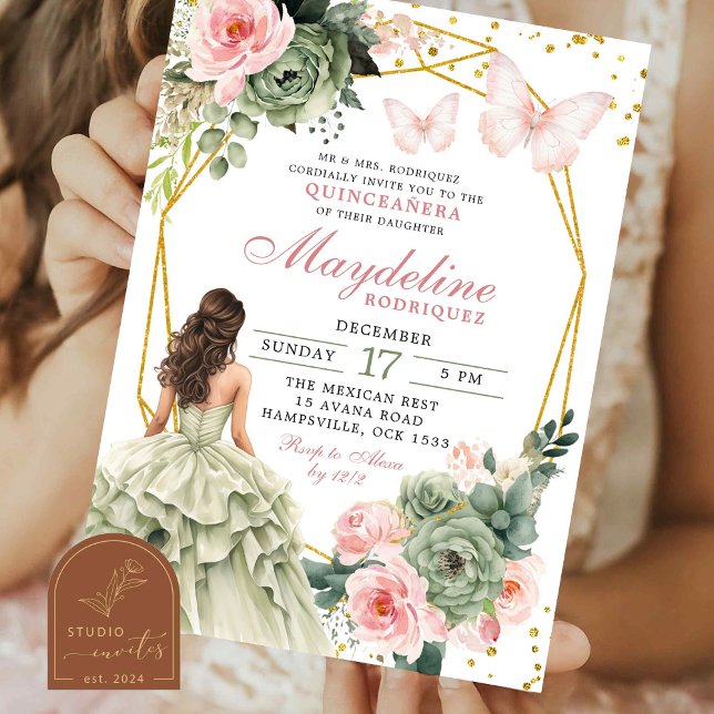 Blush Pink and Sage Green Floral Mexican Princess Invitation (Creator Uploaded)