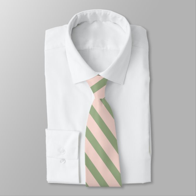Blush Pink and Sage Green Geometric Stripes Tie (Tied)