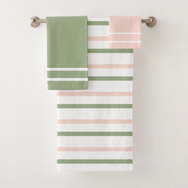 Blush Pink and Sage Green Stripes Bath Towel Set (Insitu)