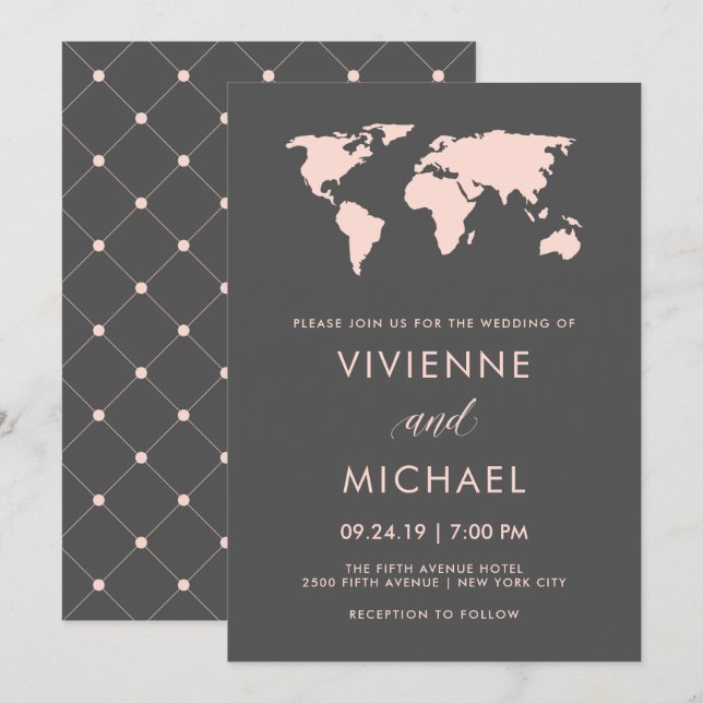 Blush Pink and Smoky Grey | World Map Wedding Invitation (Front/Back)