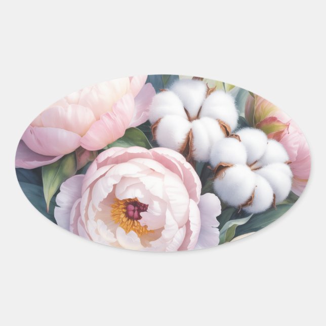 Blush Pink and White Cotton Wedding Oval Sticker (Front)