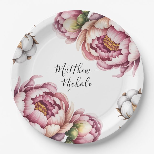 Blush Pink and White Cotton Wedding Paper Plate (Front)