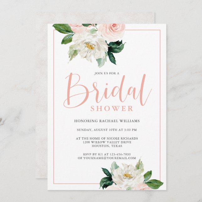 Blush Pink and White Feminine Floral Bridal Shower Invitation (Front/Back)