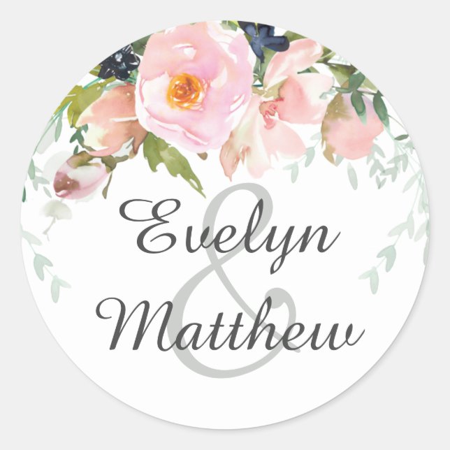 Blush Pink and White Floral Bouquet Wedding Classic Round Sticker (Front)