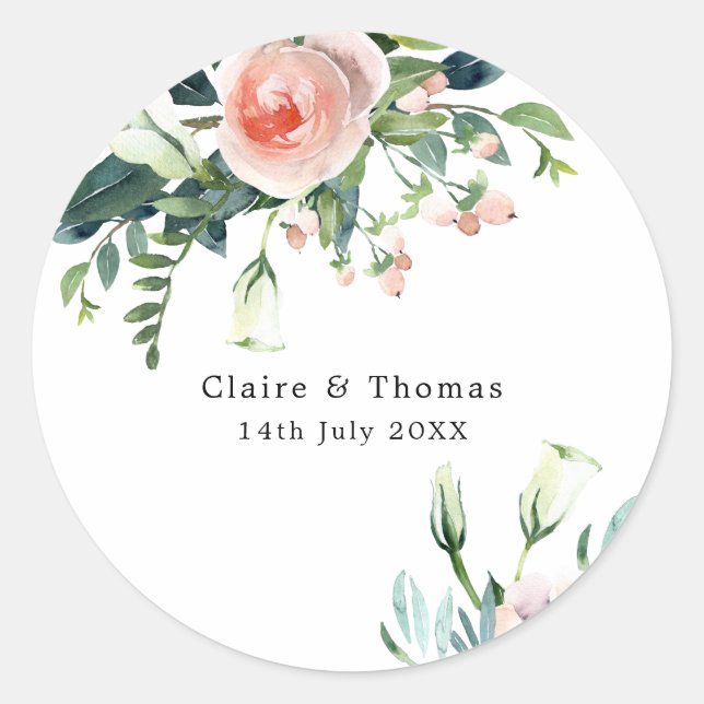 Blush Pink and White Floral Custom Wedding Sticker (Front)