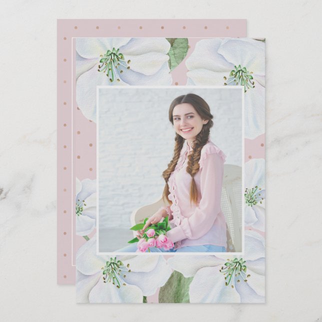 Blush Pink and White Floral Photo Graduation Party Invitation (Front/Back)