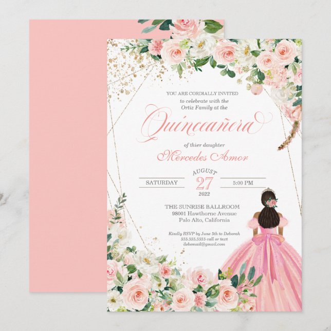 Blush Pink and White Floral Quinceanera Invitation (Front/Back)