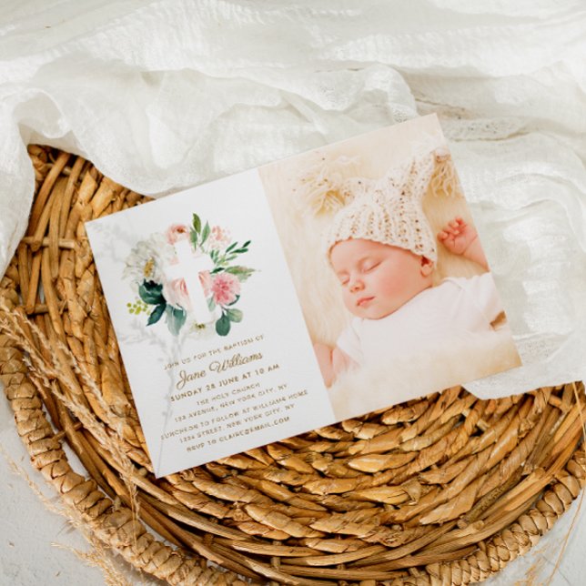 blush pink and white florals Baptism photo Invitation (Creator Uploaded)