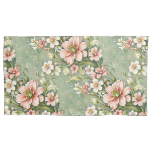 Blush Pink and White Flowers on Sage Pillowcase