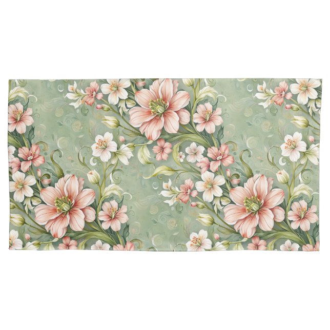 Blush Pink and White Flowers on Sage Pillowcase (Front)