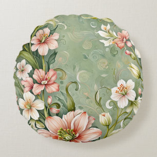Blush Pink and White Flowers on Sage Round Cushion