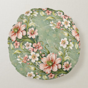 Blush Pink and White Flowers on Sage Round Cushion