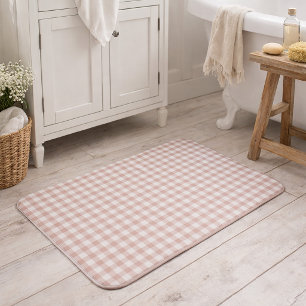 Blush Pink and White Gingham Plaid Pattern Bath Mat