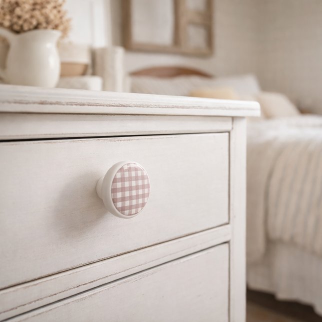 Blush Pink and White Gingham Plaid Pattern Ceramic Knob (A ceramic knob with a pink and white gingham pattern)