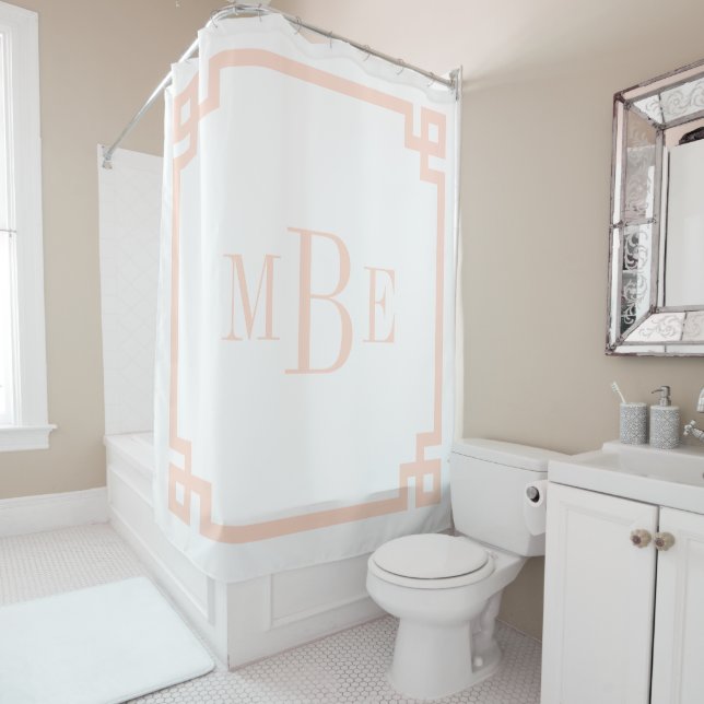 Blush Pink and White Greek Key | Monogrammed Shower Curtain (In Situ)