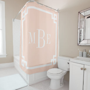 Blush Pink and White Greek Key   Monogrammed Shower Curtain