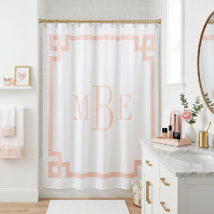 Blush Pink and White Greek Key   Monogrammed Shower Curtain