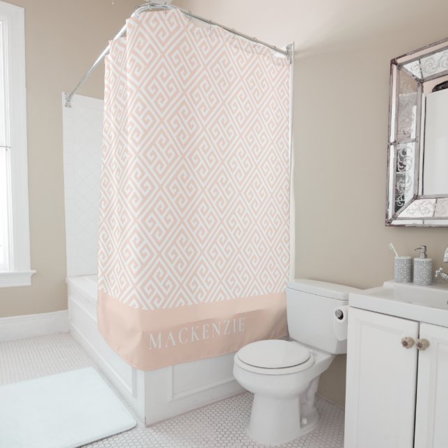 Blush Pink and White Greek Key Name Monogram Shower Curtain (In Situ)