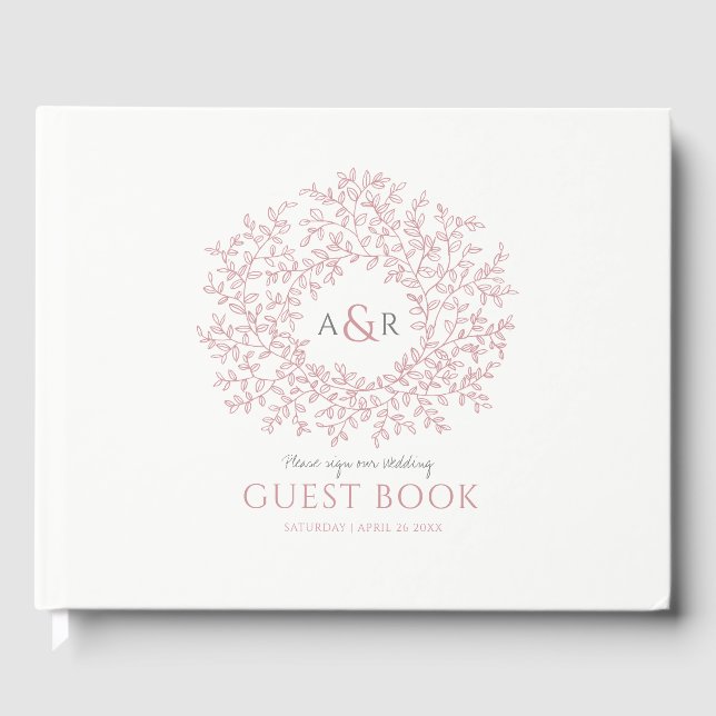 Blush pink and white leaf monogram art wedding guest book (Front)