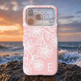 Blush Pink and White Line Drawing Floral Pattern