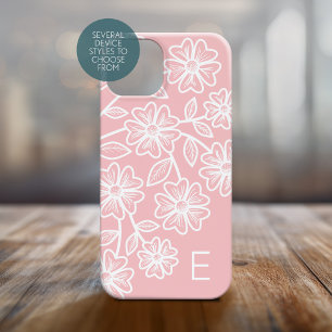 Blush Pink and White Line Drawing Floral Pattern