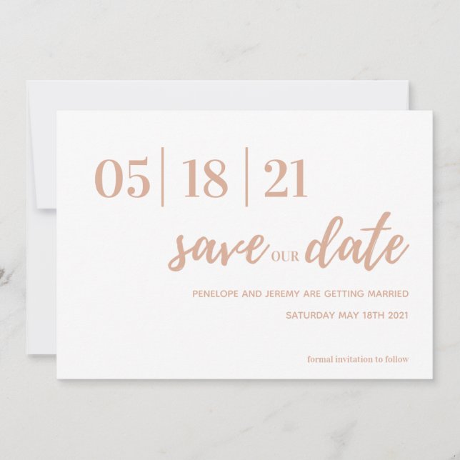blush pink and white modern script save the date (Front)