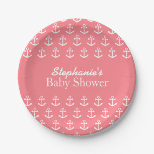 Blush Pink and White Nautical Anchor Baby Shower Paper Plate