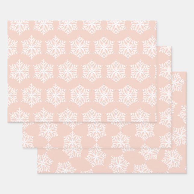 Blush Pink and White Snowflakes Christmas Wrapping Paper Sheet (Set)