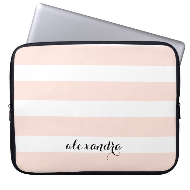 Blush Pink and White Stripes | Name in Calligraphy Laptop Sleeve (Front)