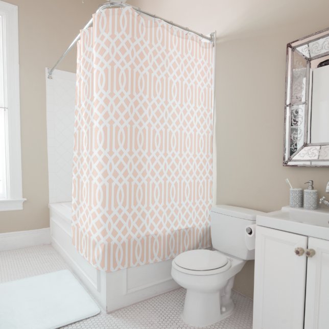 Blush Pink and White Trellis Shower Curtain (In Situ)