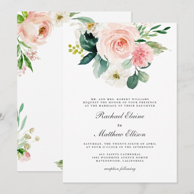 Blush Pink and White Watercolor Floral Wedding Invitation (Front/Back)