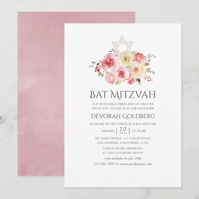 Blush Pink and Yellow Floral Bat Mitzvah Invitation (Front/Back)