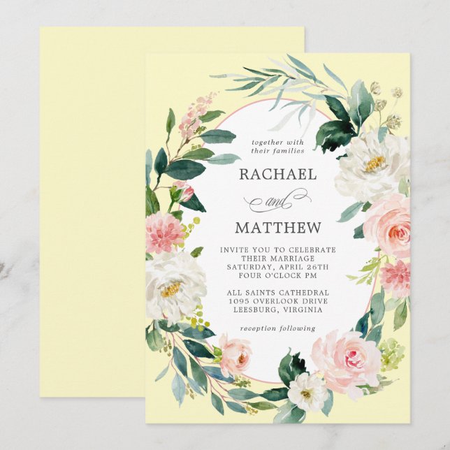 Blush Pink and Yellow Watercolor Floral Wedding Invitation (Front/Back)