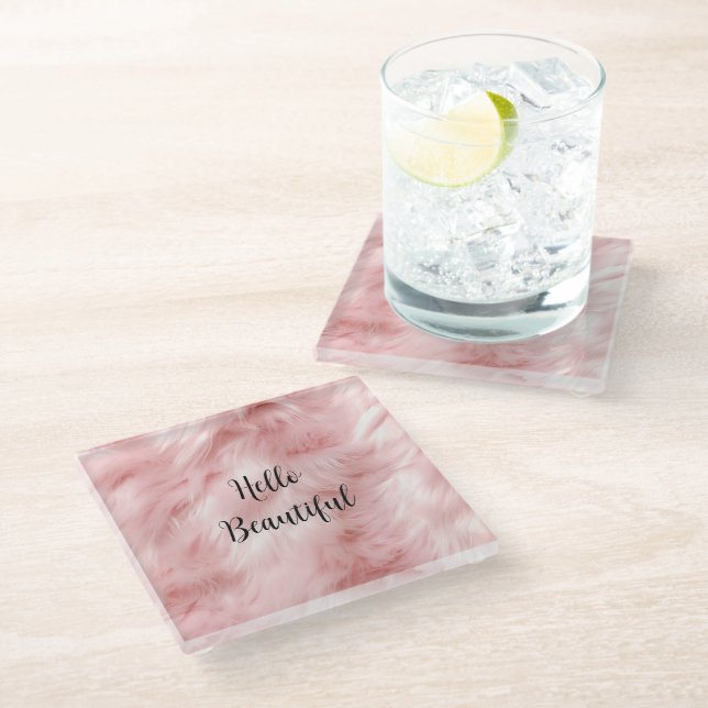Blush Pink Animal Fur Glass Coaster (Angled)