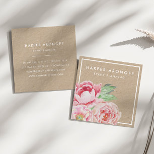 Blush Pink Antique Peony Kraft Square Business Card