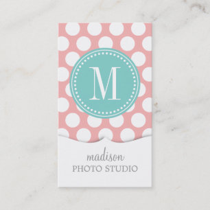 Blush Pink & Aqua Big Polka Dots Monogrammed Business Card
