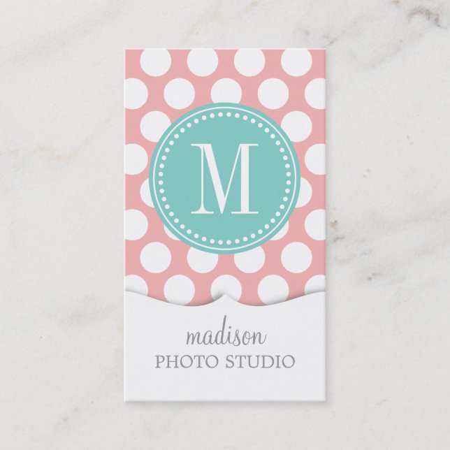 Blush Pink & Aqua Big Polka Dots Monogrammed Business Card (Front)