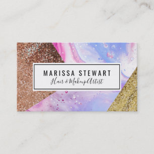 Blush Pink Aqua Blue Liquid Marble Glitter Geo Business Card
