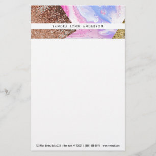 Blush Pink Aqua Blue Liquid Marble Glitter Geo Stationery
