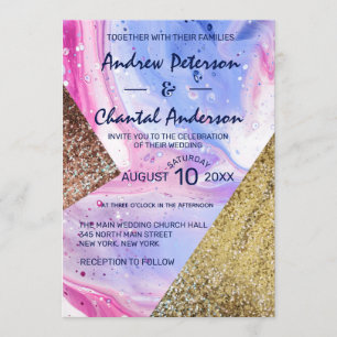Blush Pink Aqua Blue Liquid Marble Glitter Wedding Invitation
