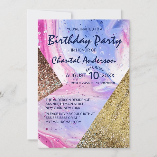 Blush Pink Aqua Liquid Marble Glitter Birthday Invitation (Front)
