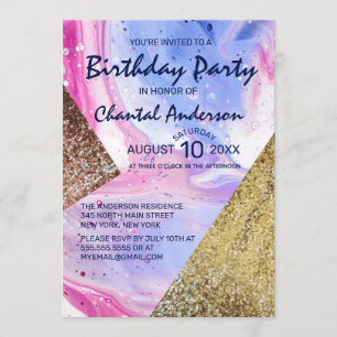 Blush Pink Aqua Liquid Marble Glitter Birthday Invitation