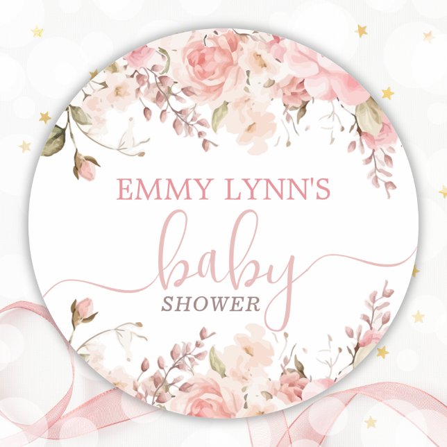 Blush Pink Baby In Bloom Baby Shower  Classic Round Sticker (Blush Pink Baby In Bloom Baby Shower Classic Round Sticker)