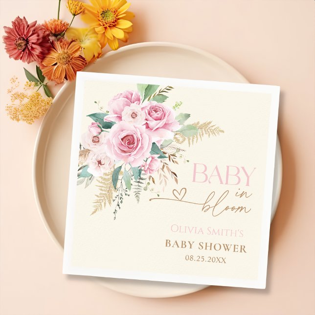 Blush Pink Baby In Bloom Boho Floral Baby Shower Napkin (Creator Uploaded)