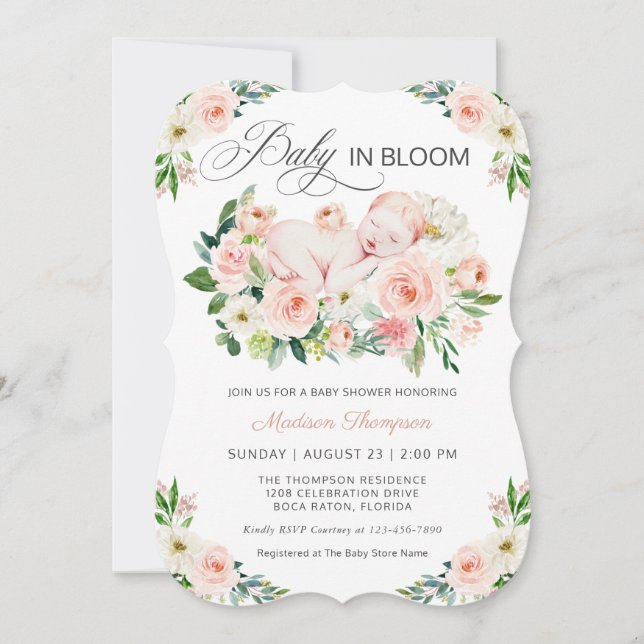 Blush Pink Baby in Bloom Floral Baby Shower Invitation (Front)
