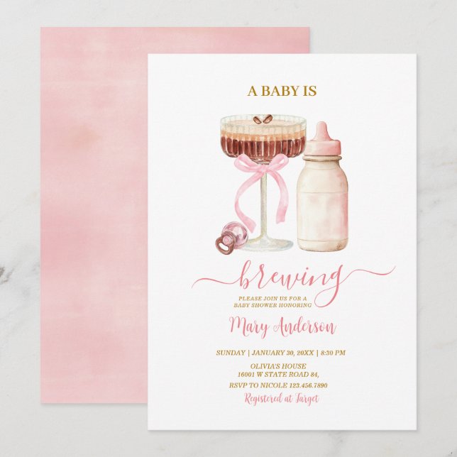 Blush Pink Baby Is Brewing Milk Bottle Baby Shower Invitation (Front/Back)