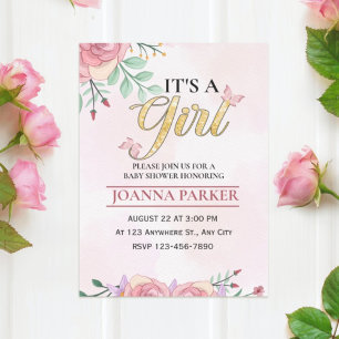 Blush Pink Baby It's a Girl Shower Watercolor  Invitation