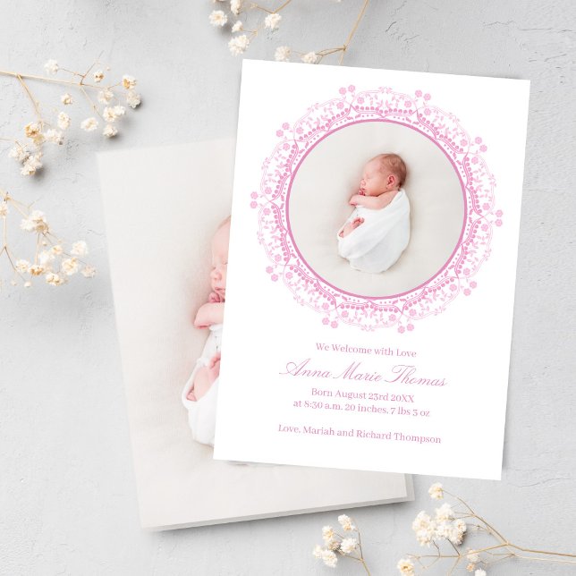 Blush Pink Baby Photo Floral Script Birth (Blush pink baby announcement with floral frame and full photo back for a soft elegant design.)