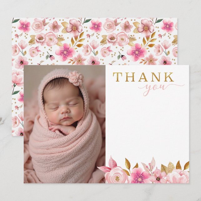 Blush Pink Baby Shower Photo Thank You Card (Front/Back)