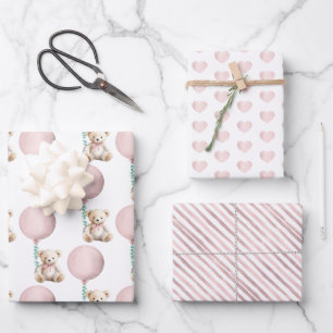 Blush Pink Baby Shower Teddy Bear and Balloon Wrapping Paper Sheet